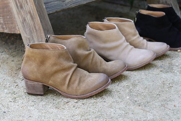 Group product shot of Eaglet suede heeled ankle boots in chestnut and stone