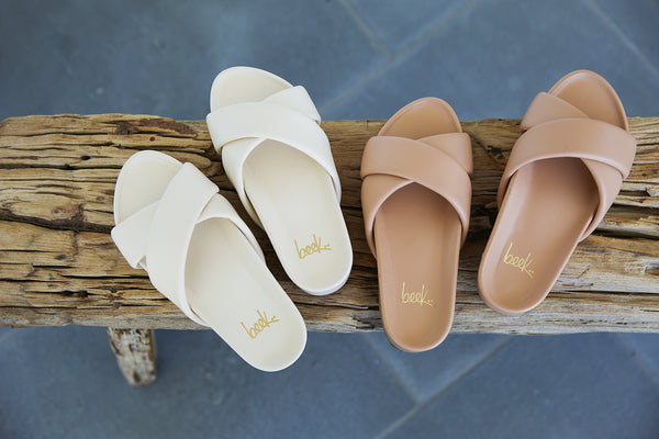 Group product shot of Rhea platform sandals in beach and eggshell