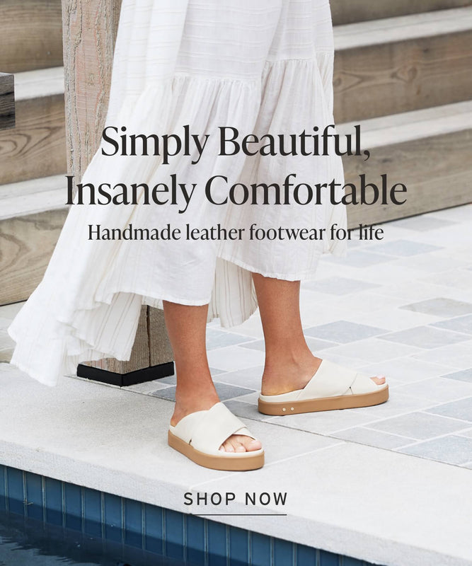 Woman wearing Hen leather platform sandals in eggshell by the pool
