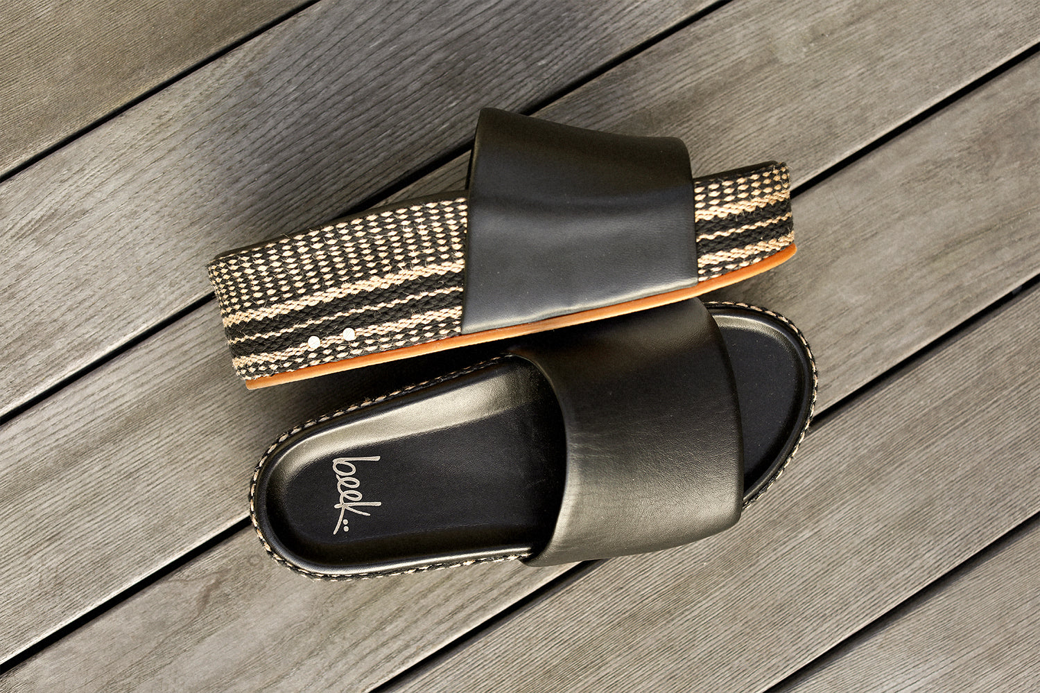Laydown shot of Albatross Textile leather platform sandals in black.