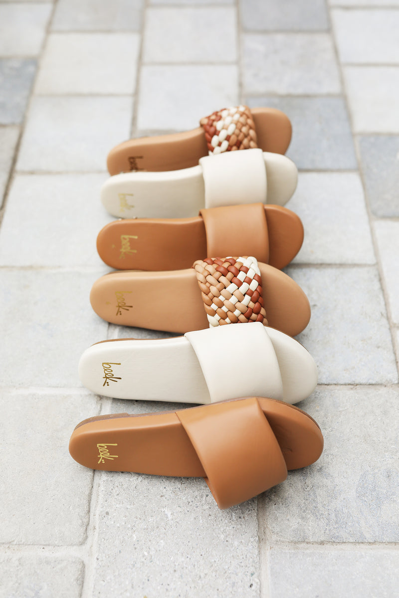 Baza leather slide sandals in honey and eggshell with Baza Woven slide sandals in beach multi