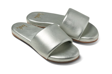 Baza leather slide sandals in silver - angle shot