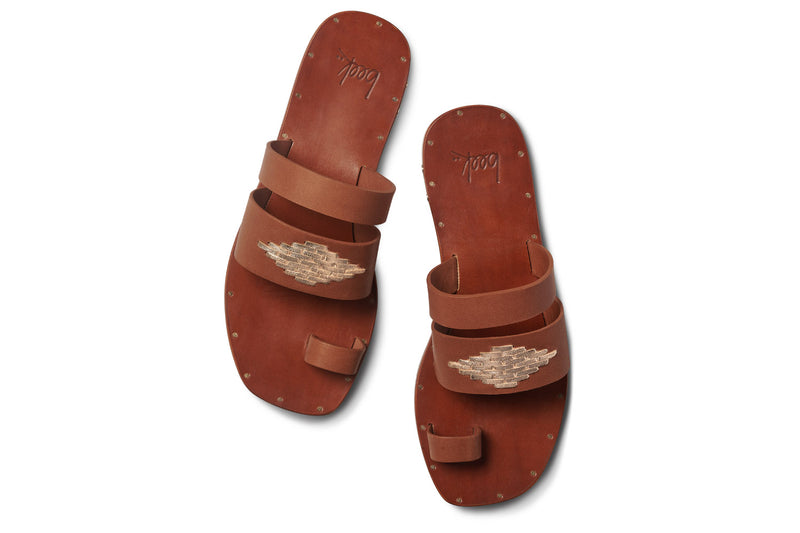 Brilliant leather toe-ring sandals in cognac with platinum details - top shot