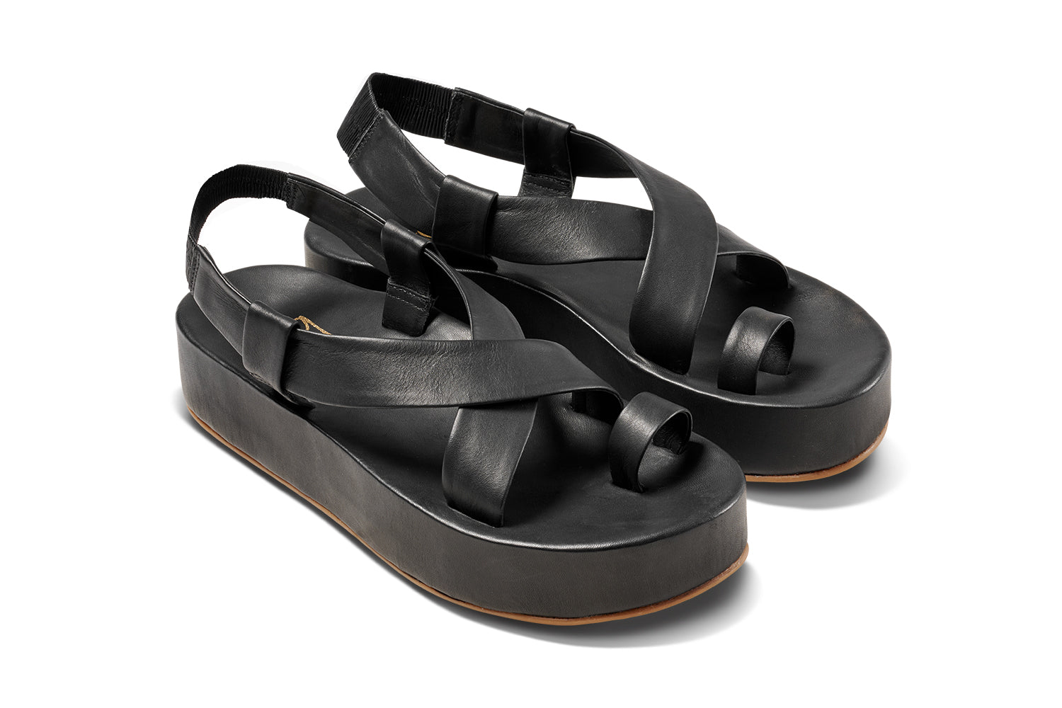Caracara leather platform sandal in black - product angle shot