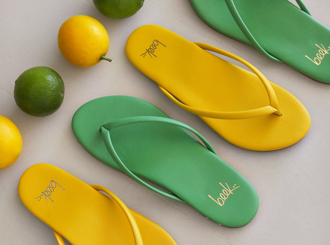 Sunbeam leather flip flops in lemon and palm