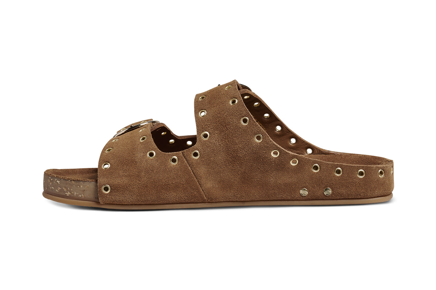 Cedar suede slide sandal in chestnut - product side shot