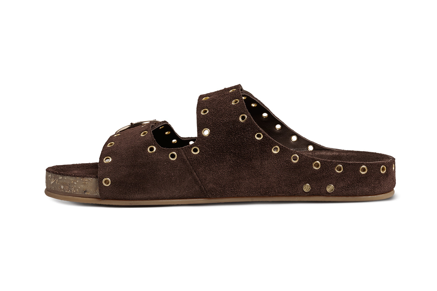 Cedar suede slide sandals in coffee - product side shot
