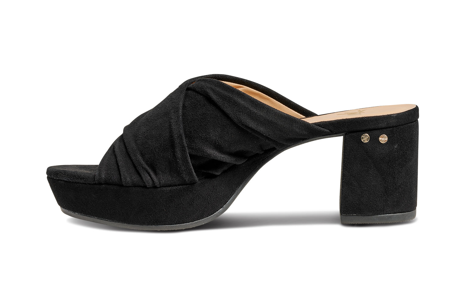 Chachabird suede heels in black - product side shot