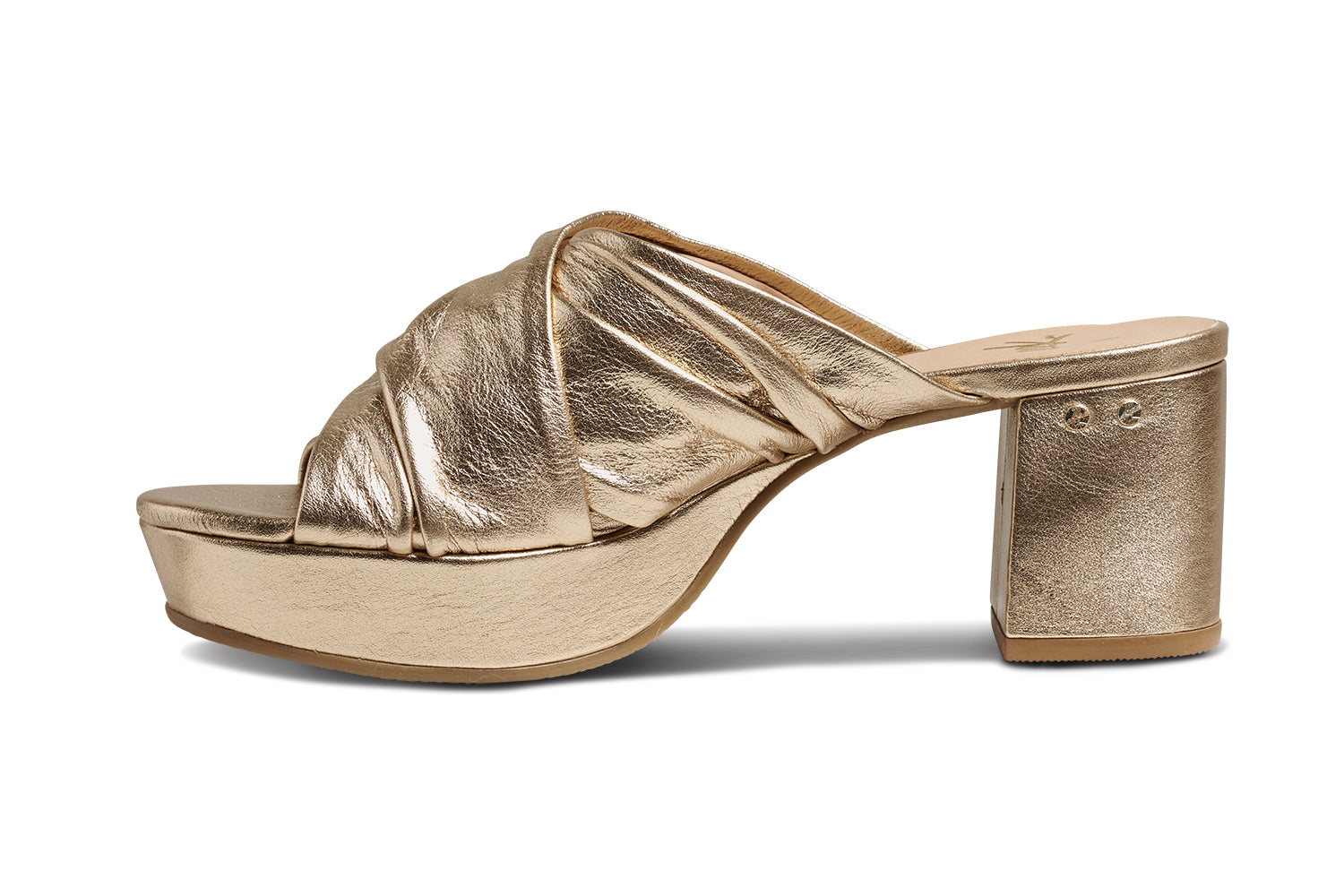Chachabird leather heels in gold - product side shot