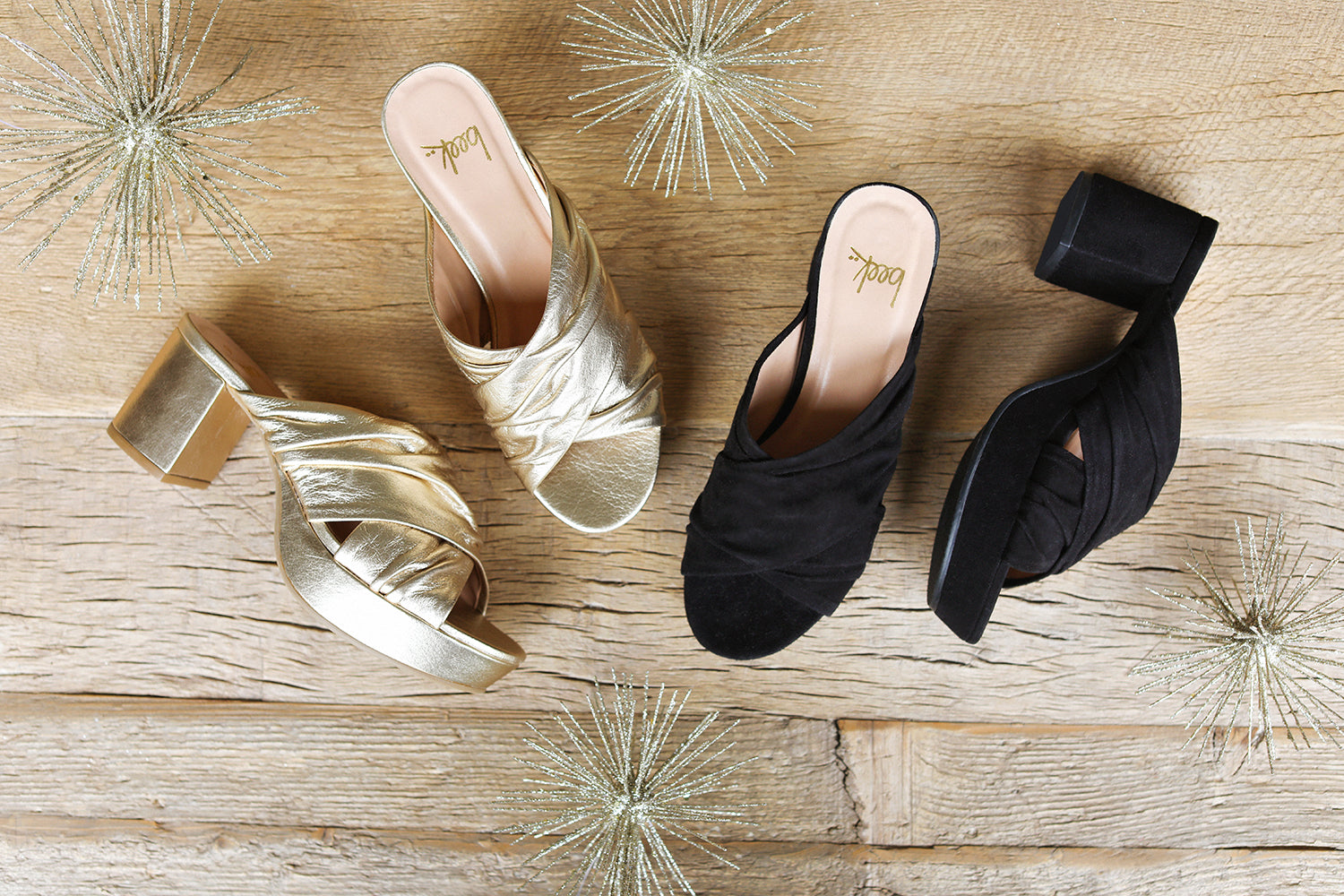 Group shot of Chachabird suede heels in gold and black