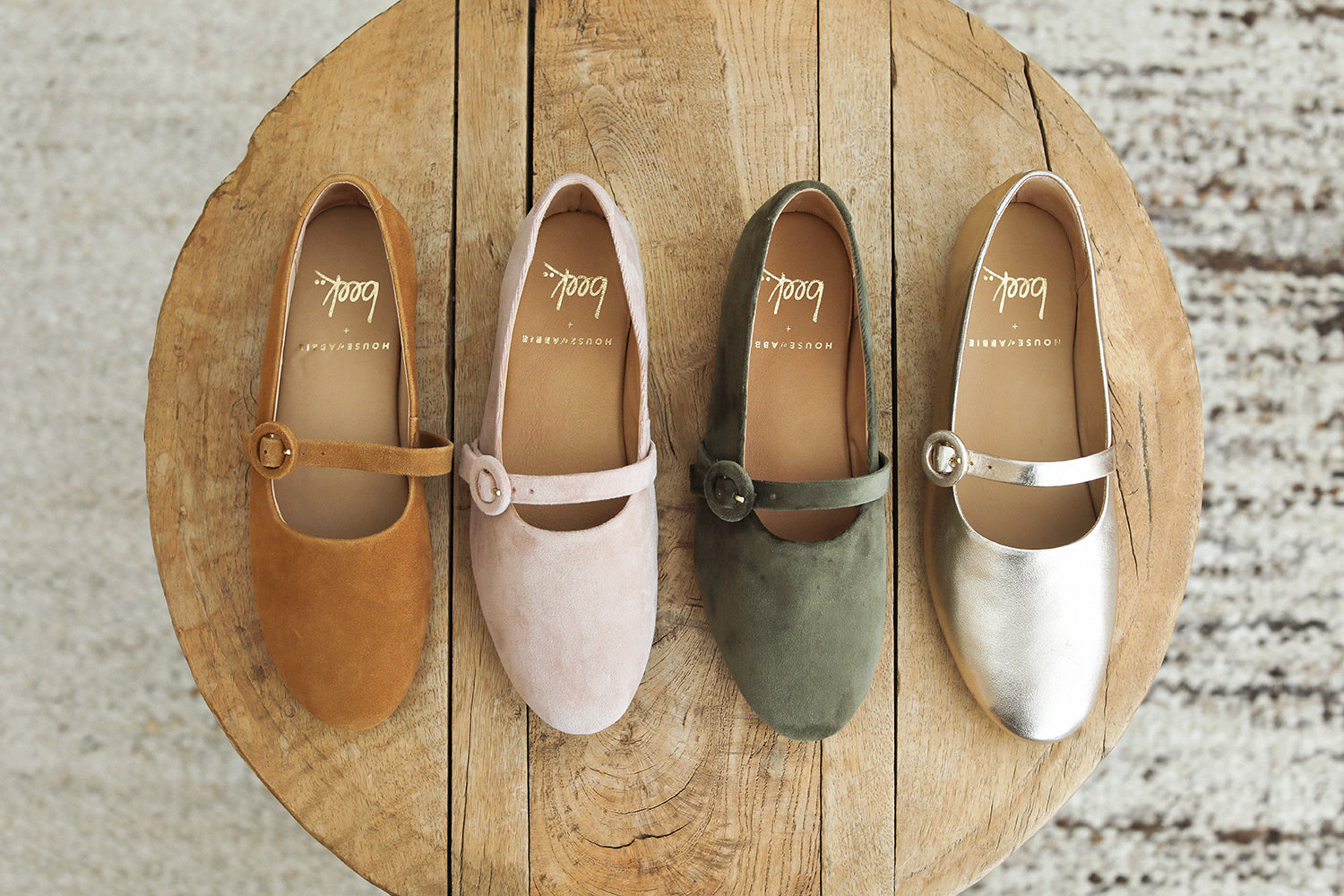 Group shot of Crane velvet mary jane shoes in caramel, blush, sage, gold