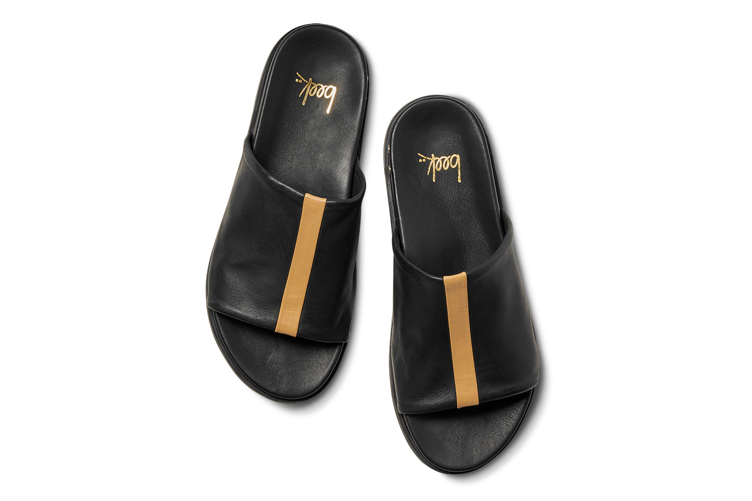 Crest leather slide sandals in black with tan stripe - product top shot