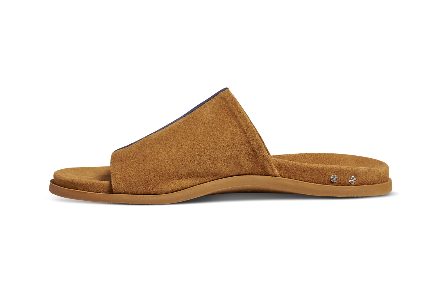 Crest suede slide sandals in caramel with navy stripe - product side shot