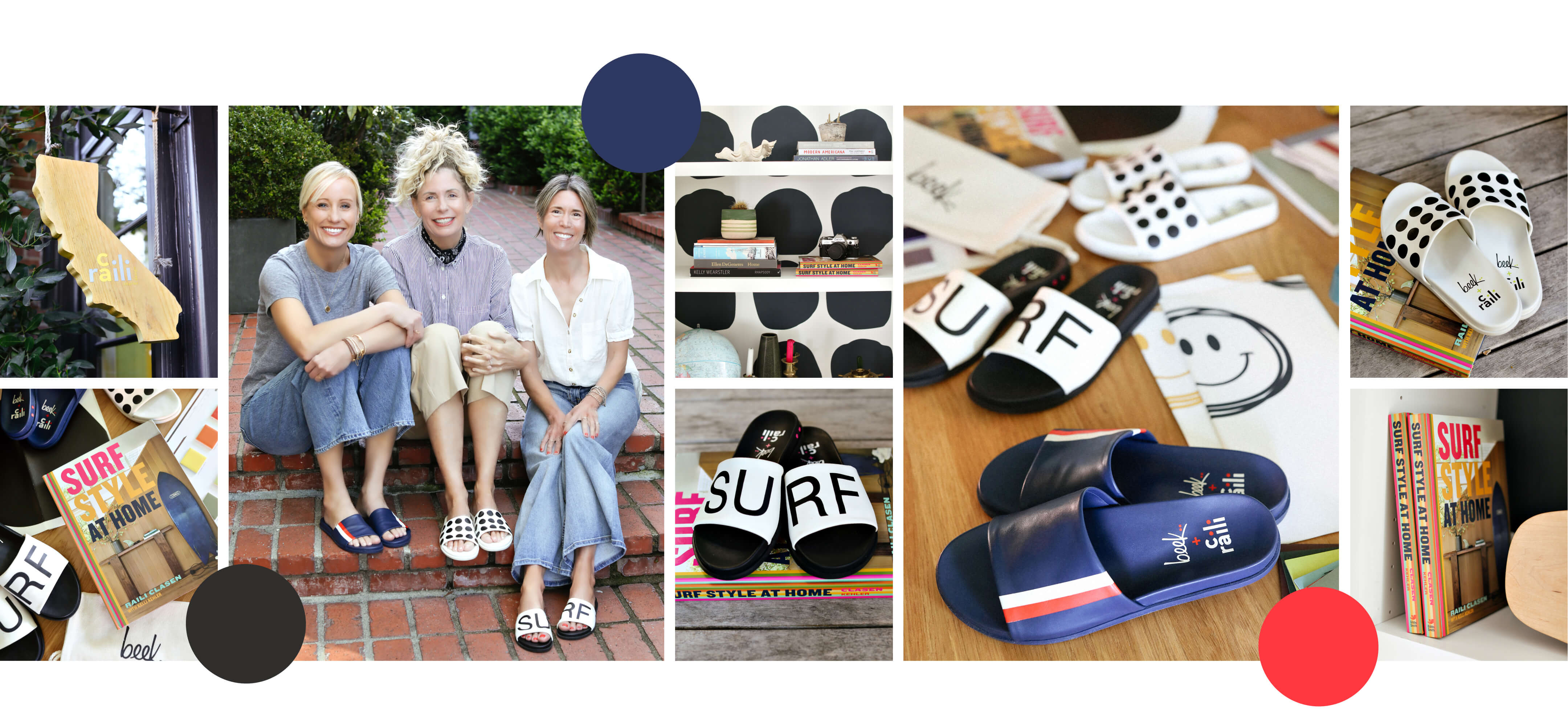 Collage of Raili with Birgit and Kenna, outside Raili's shop, work table with Railibird slide sandals in surf, dot, and stripe.