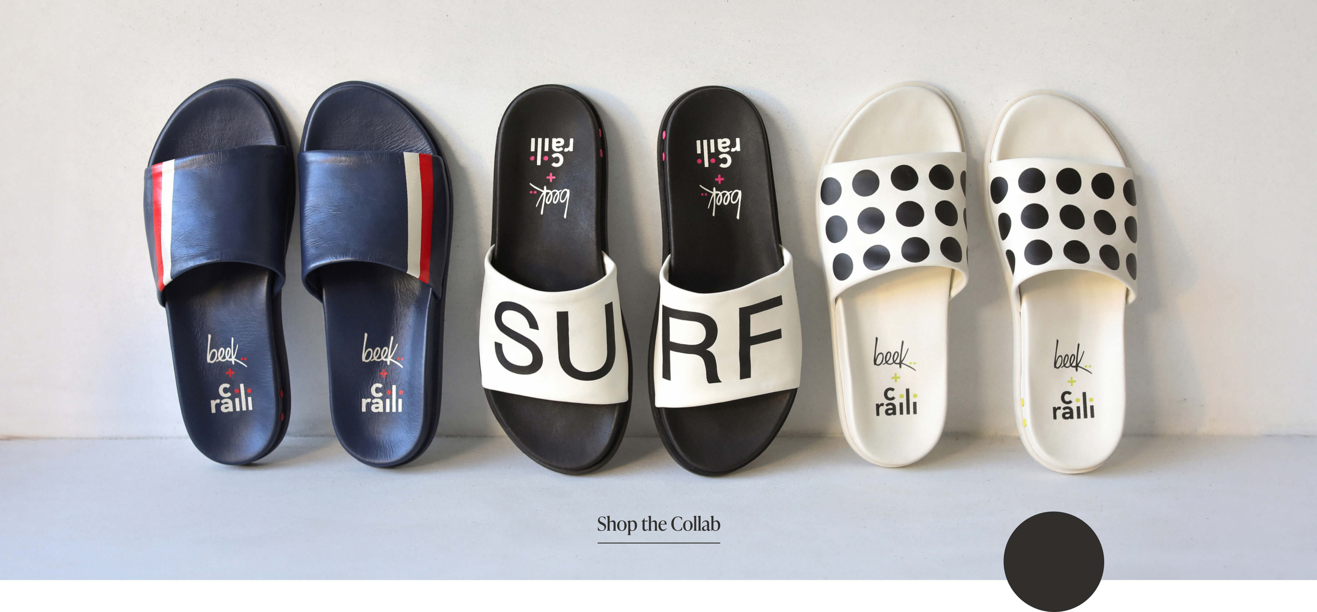 Railibird leather slide sandals in stripe, surf, and dot against the wall with CTA "Shop the Collab"