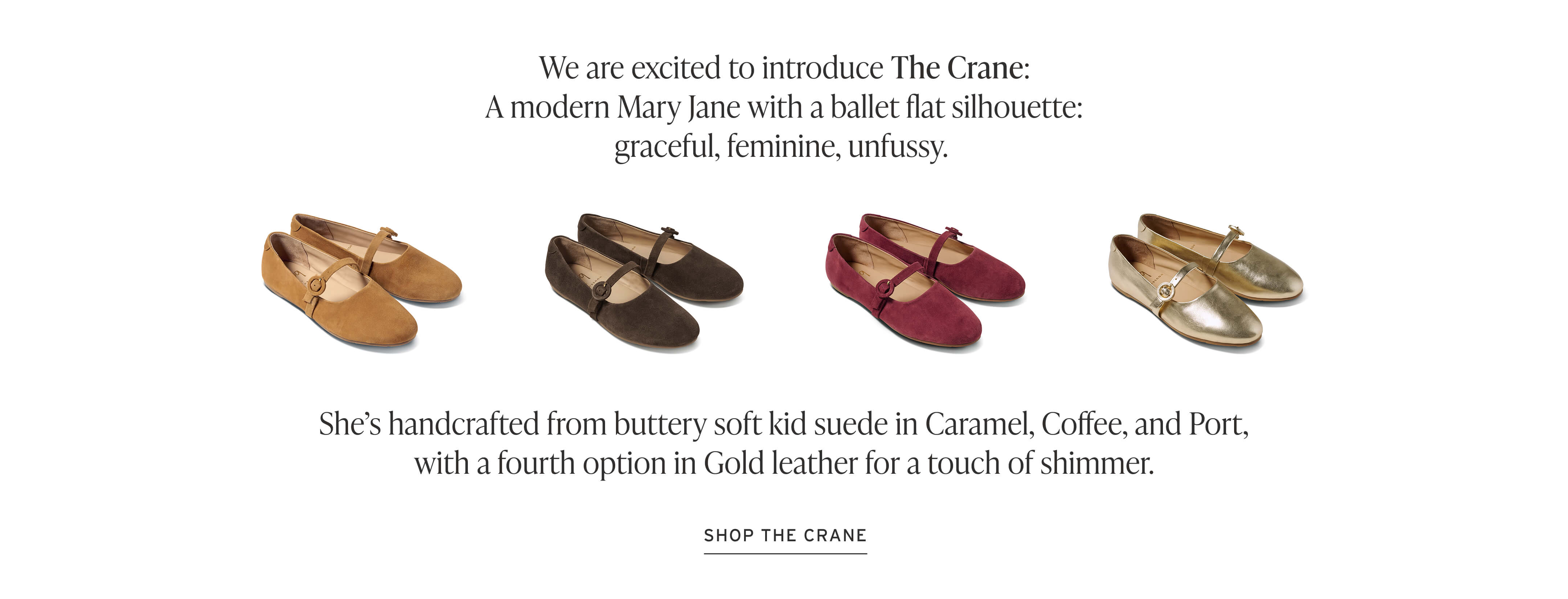 Advertisement for 'The Crane' shoes with text describing the product and color options.