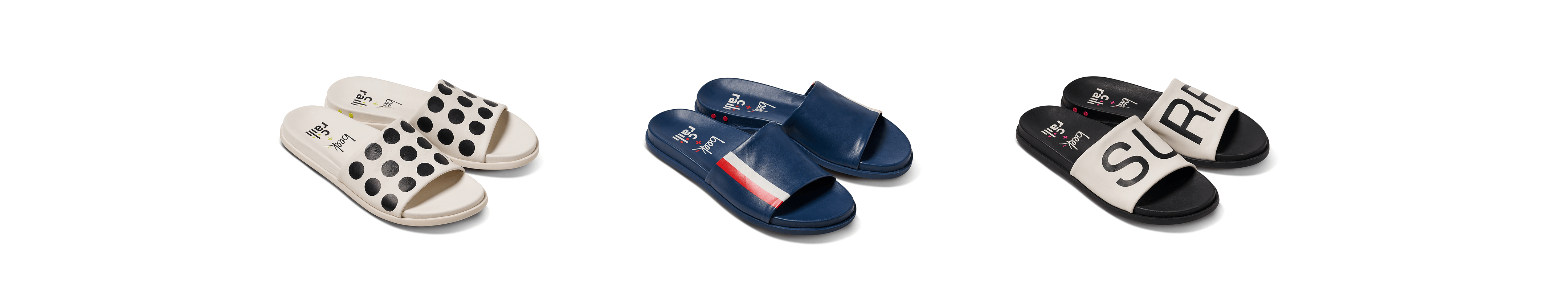 Railibird leather slide sandals in dot, surf, stripe - product angle images