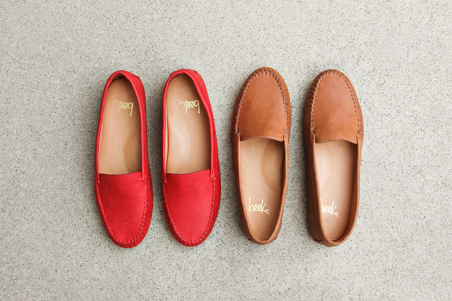 Group shot of Duck leather loafers in lipstick and tan.