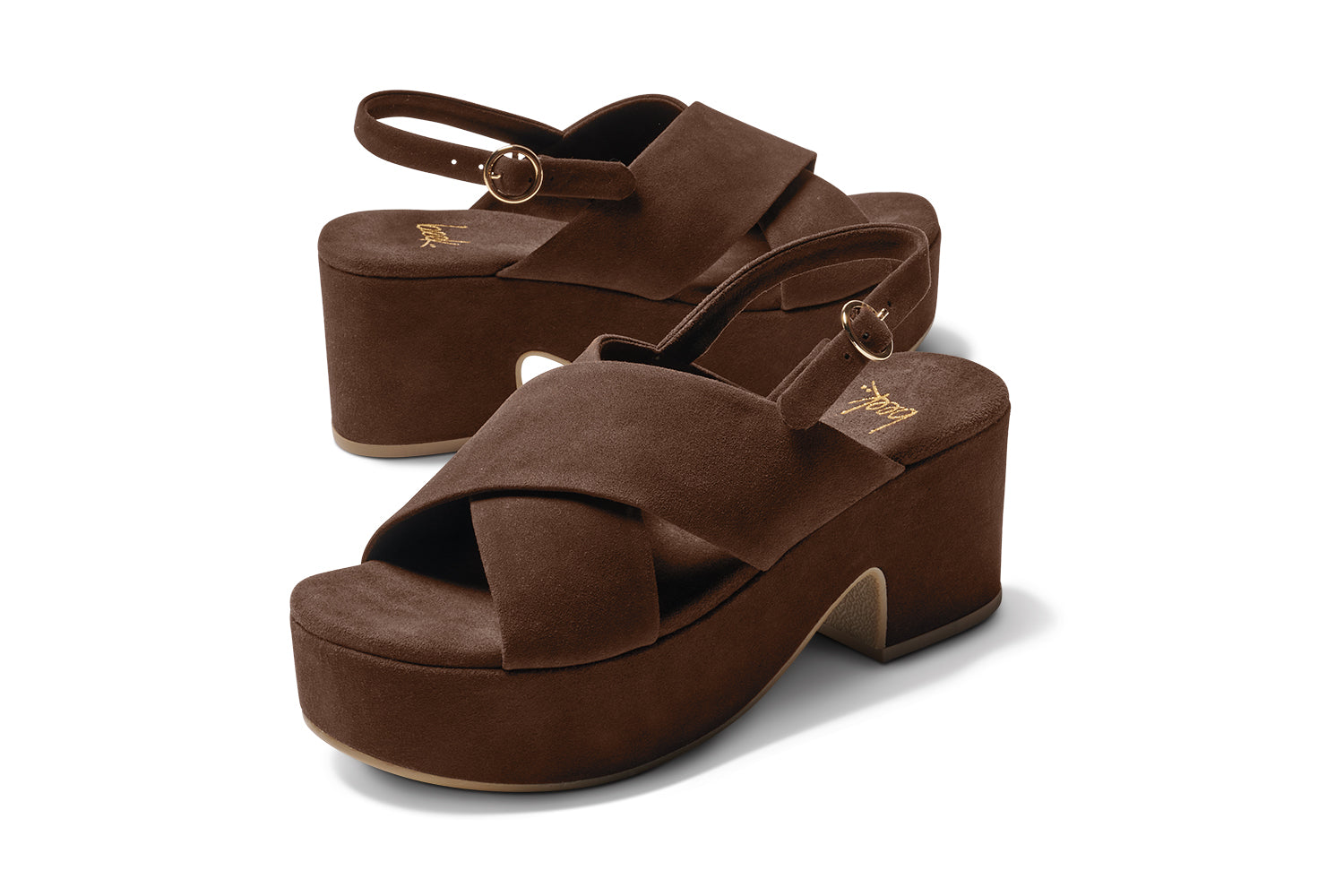Dunlin suede crossover strap platform heeled sandals in coffee - product detail shot