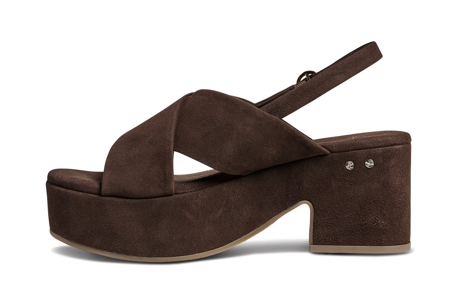 Dunlin suede crossover strap platform heeled sandals in coffee - product side shot