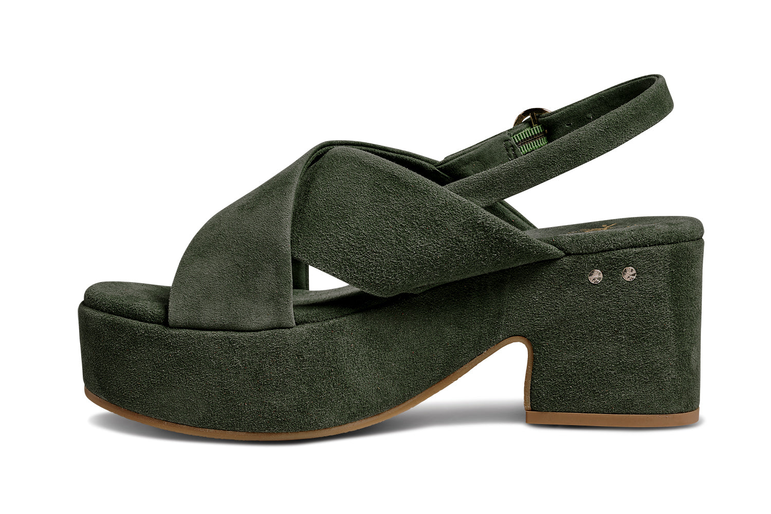 Dunlin suede crossover strap platform heeled sandals in ivy - product side shot