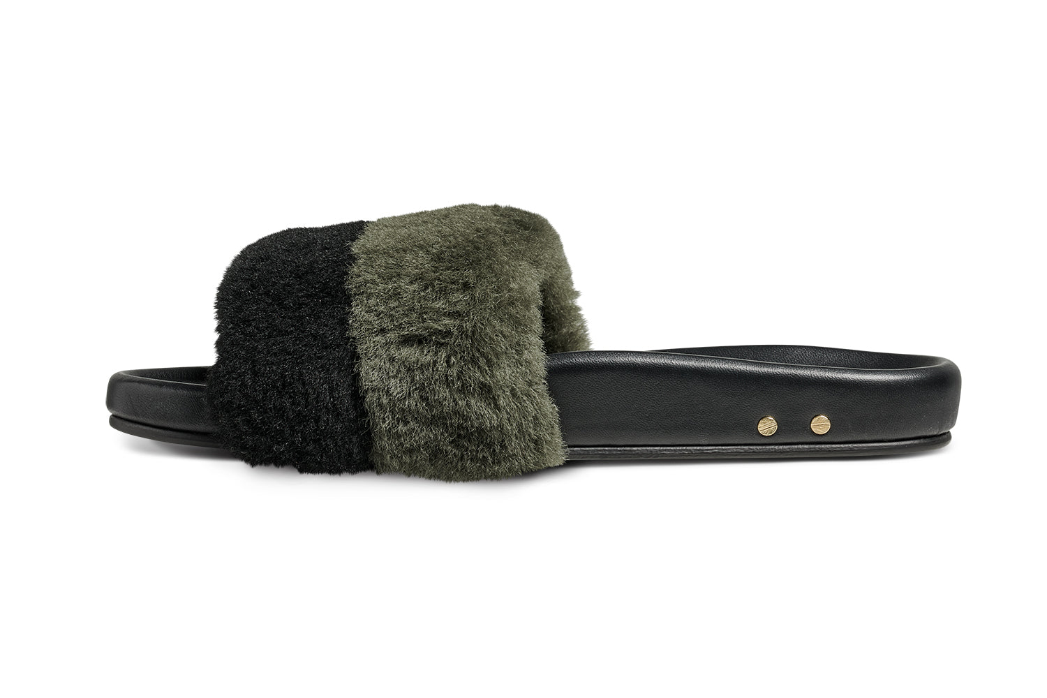 Gallito Más Shearling slide sandals in army/black - product side shot