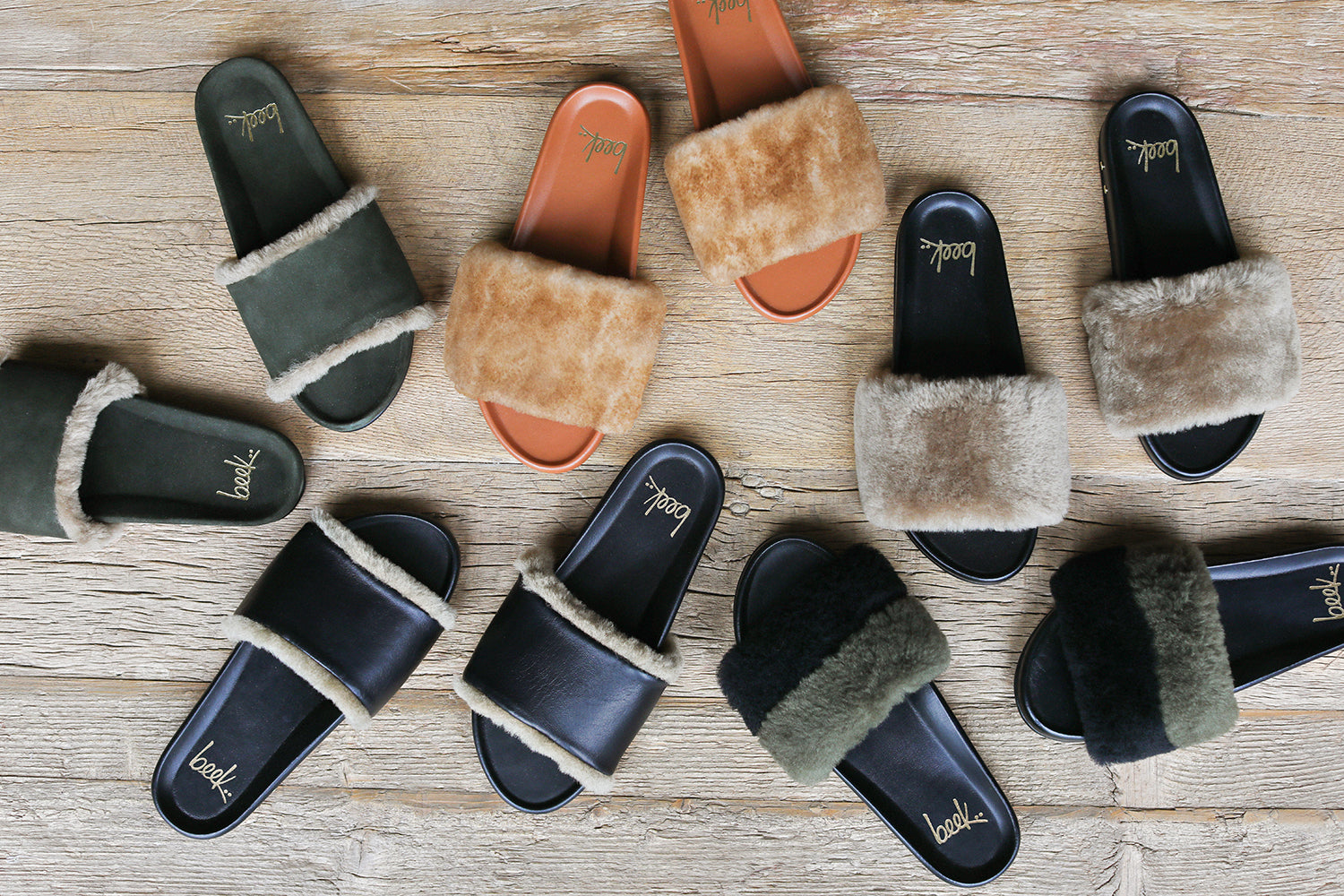 Scattered sandals including Gallito Shearling in ivy moss and black, Gallito Mas Shearling in bronze/black, army/black, and honey/tan.