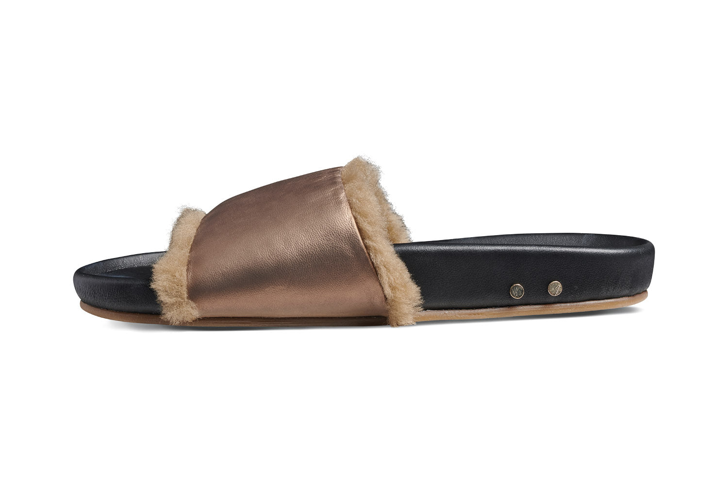 Gallito Shearling leather slide sandals in mocha/black - product side shot