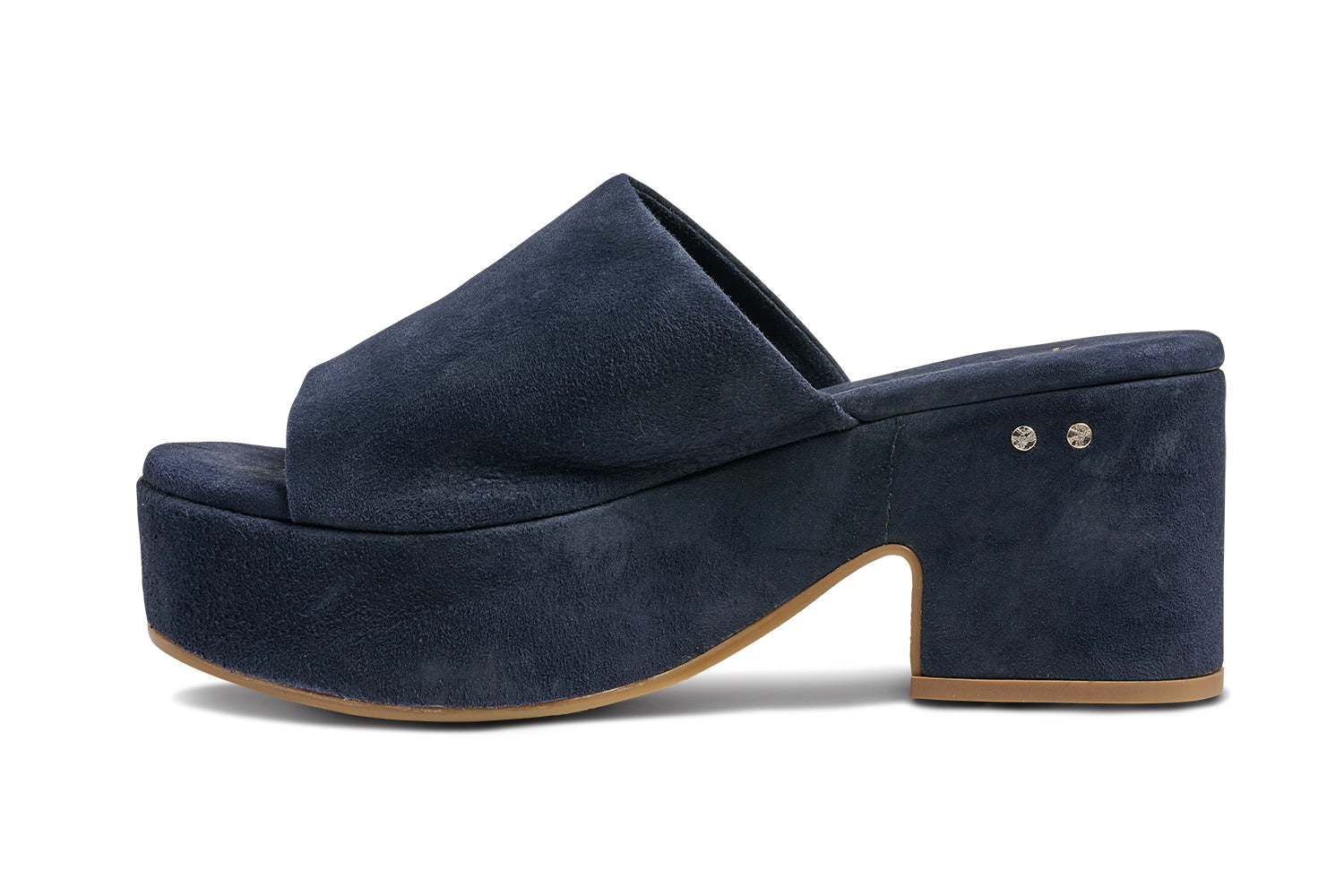 Kinglet suede platform heeled sandal in navy - product side shot