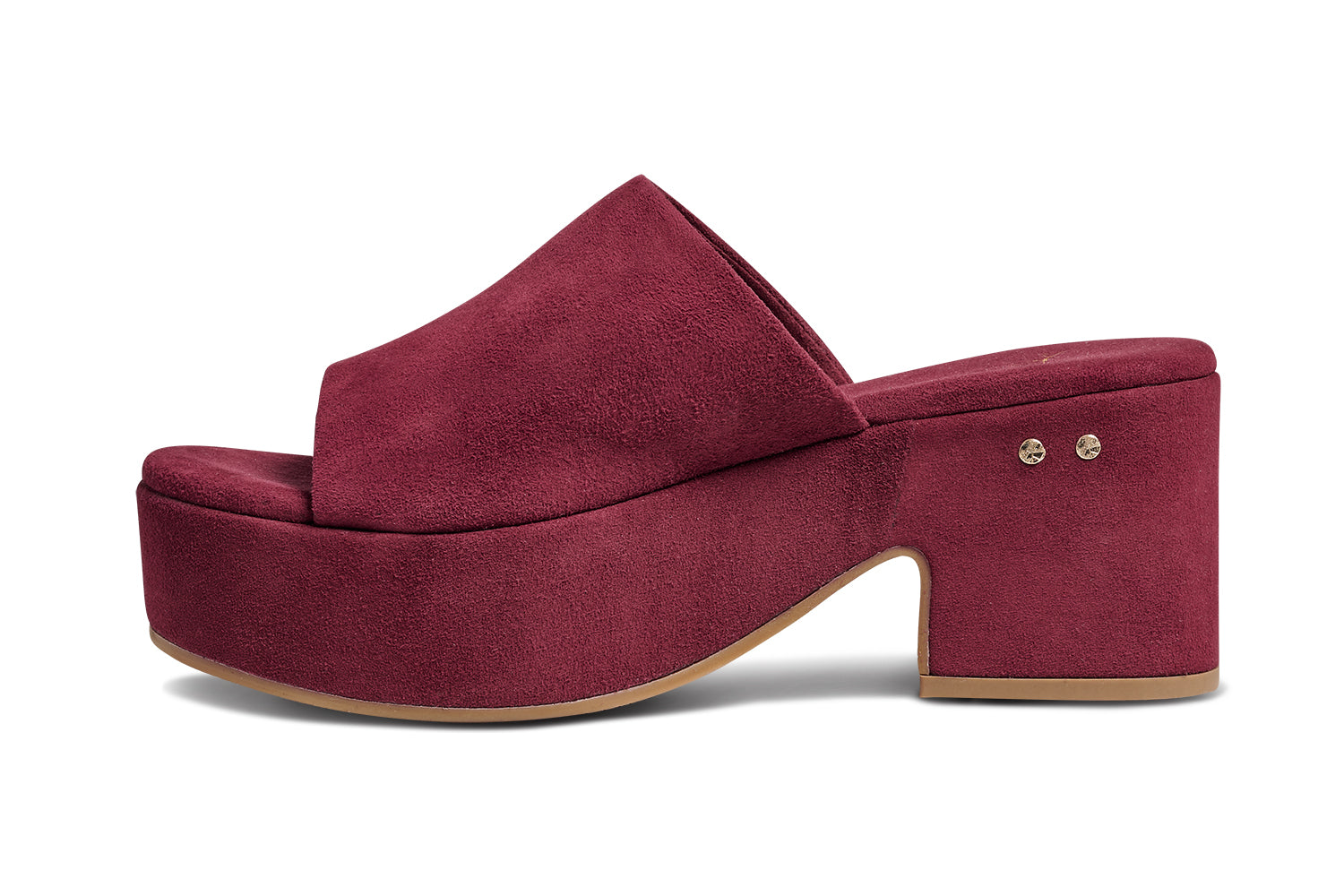 Kinglet suede platform heeled sandal in port - product side shot