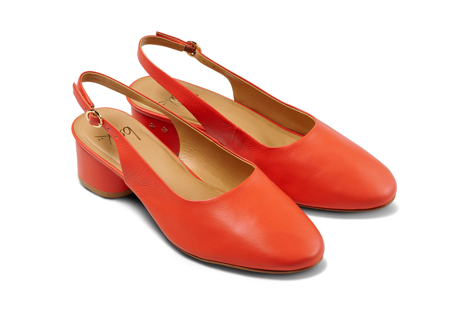 Lora leather heeled mules in tomato - product angle shot