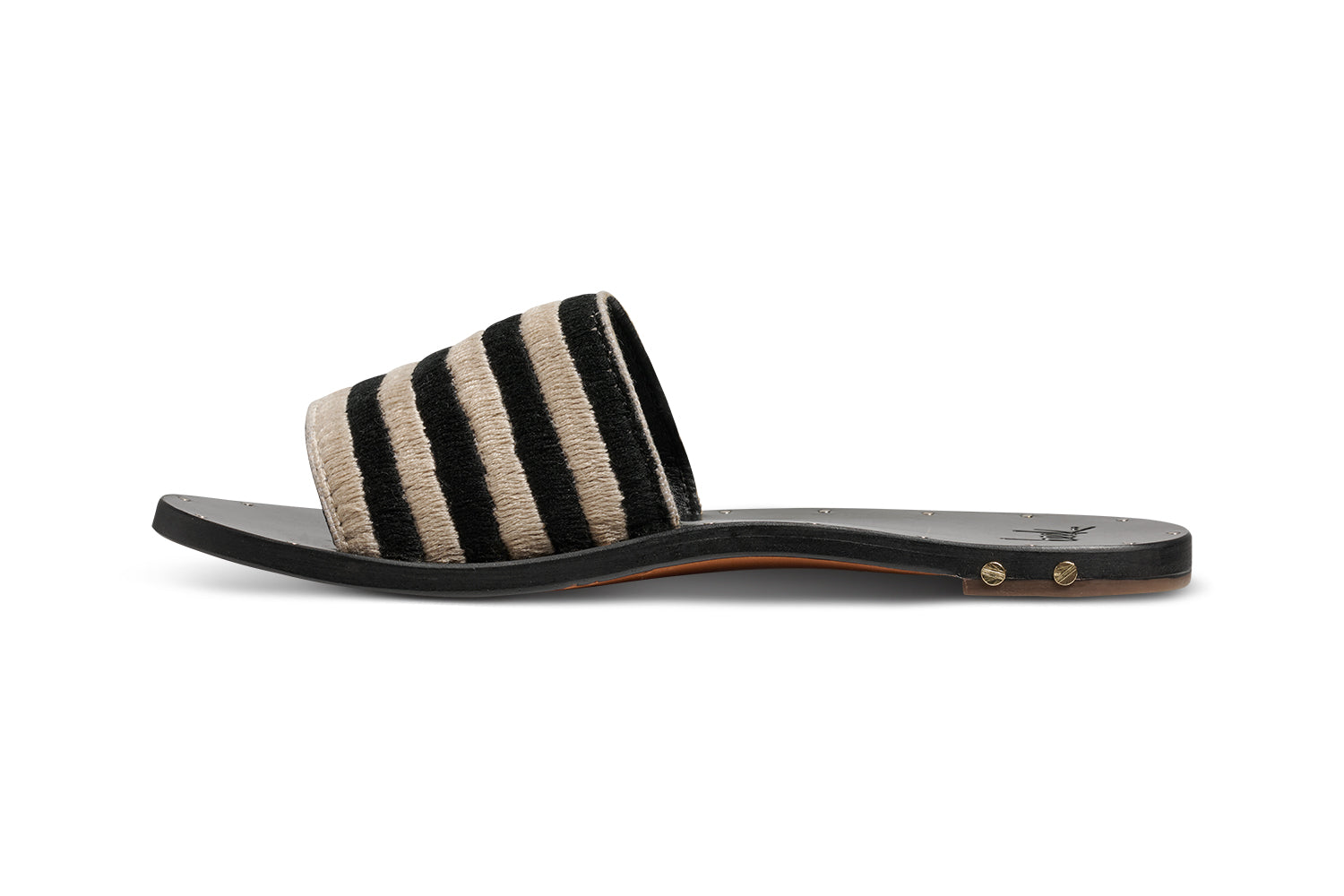 Lovebird leather embroidered slide sandal in black stripe - product side shot