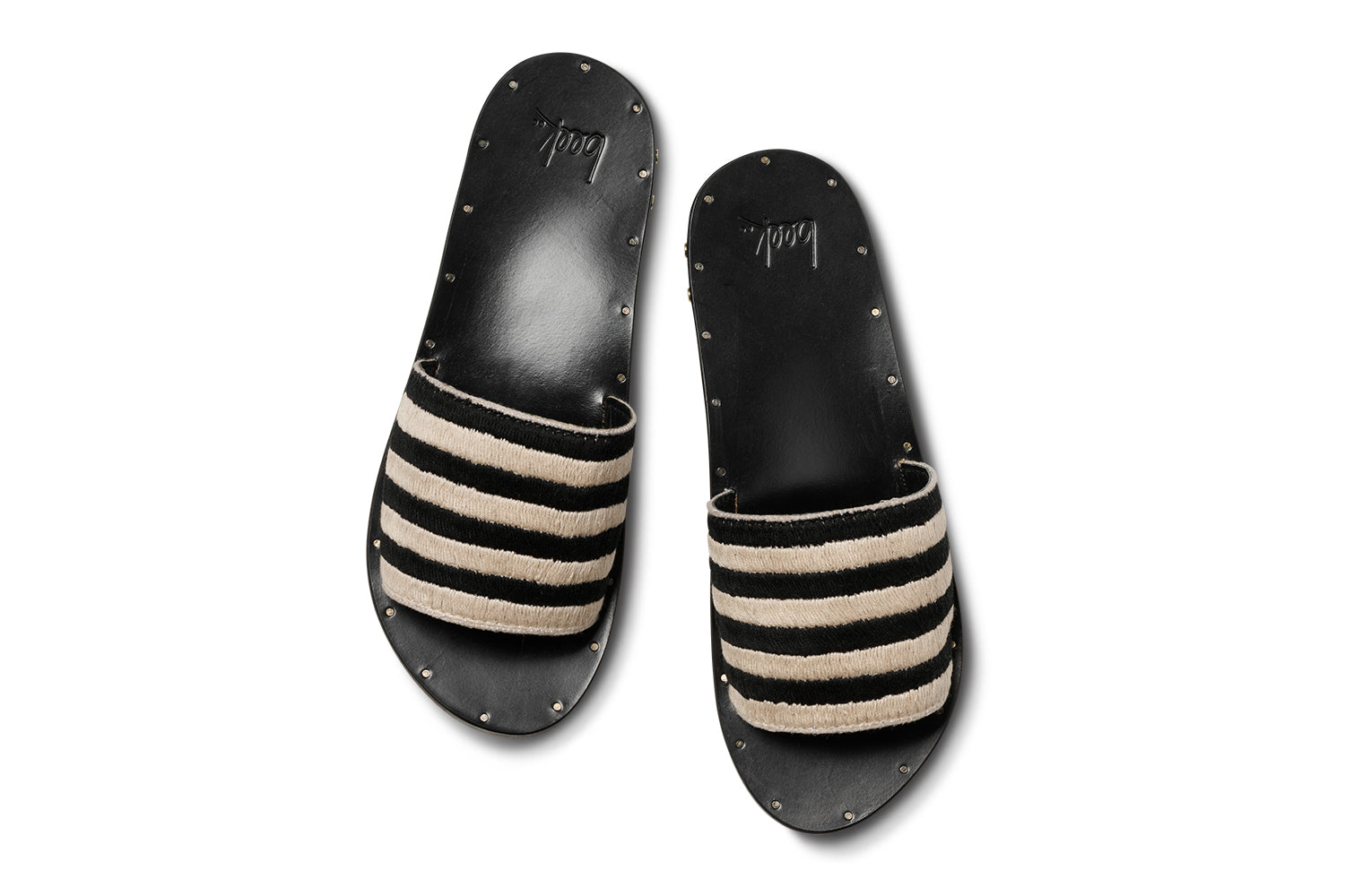 Lovebird leather embroidered slide sandal in black stripe - product top shot