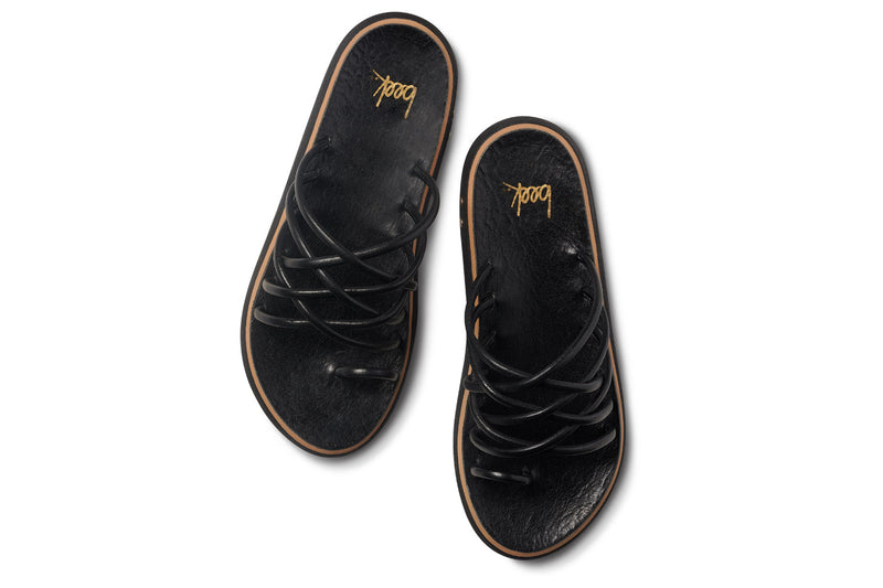 Peep leather slide sandal in black - top shot
