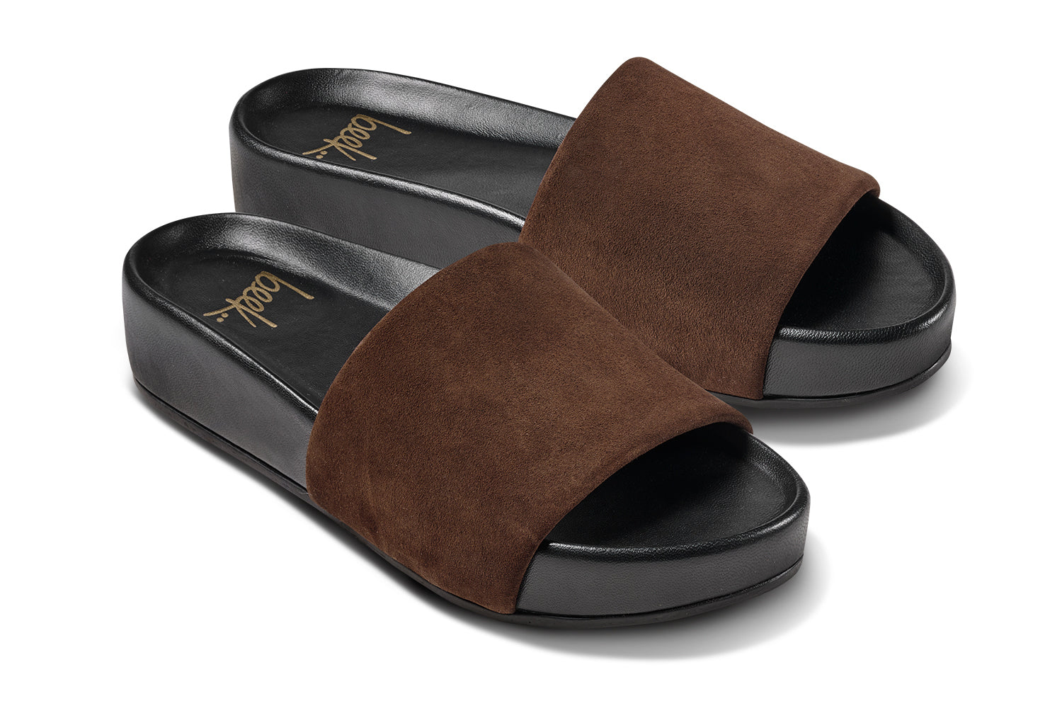 Pelican leather platform sandals in coffee/black - product angle shot