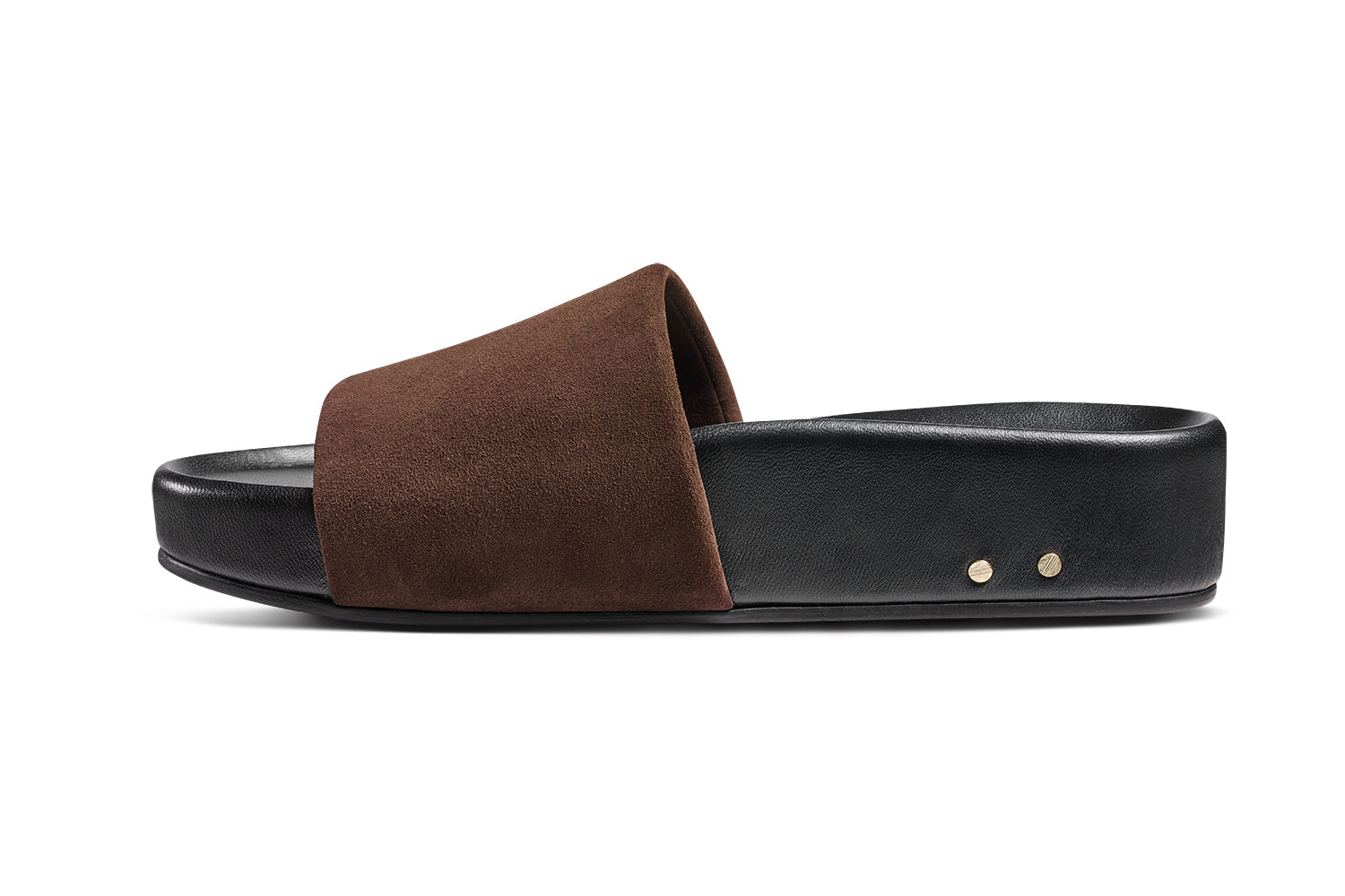 Pelican leather platform sandals in coffee/black - product side shot