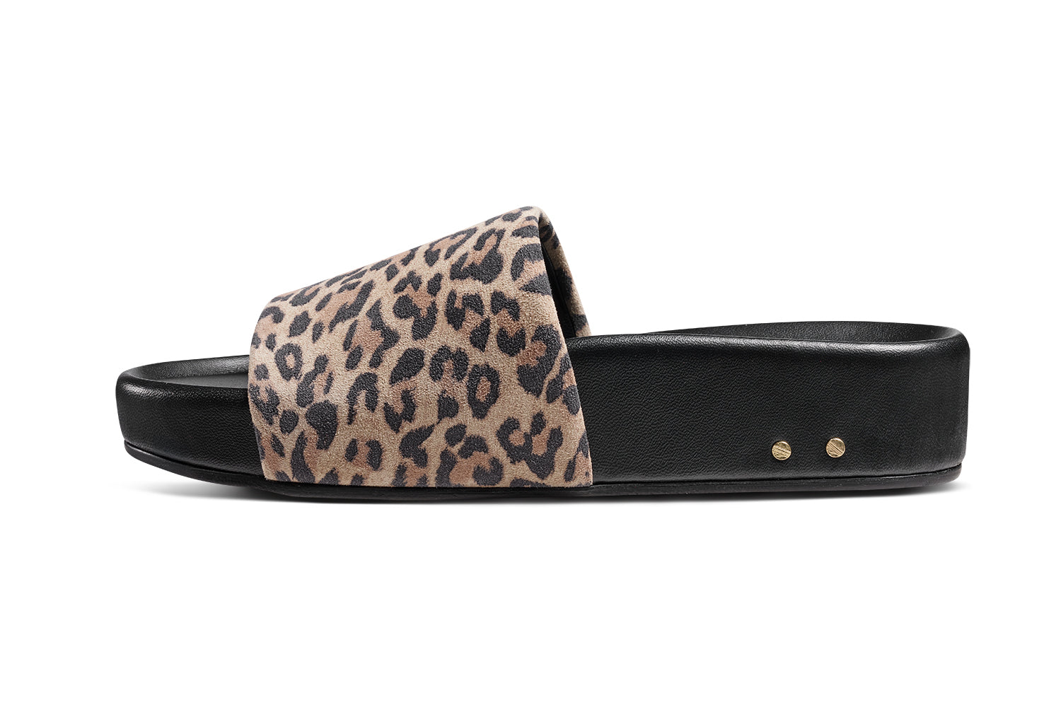 Pelican leather platform sandal in leopard - product side shot