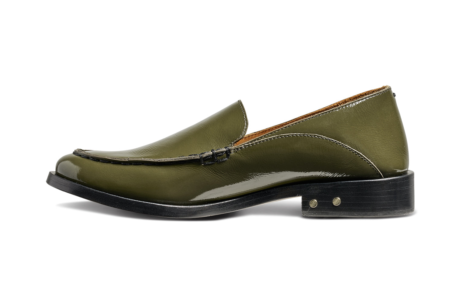 Pepper patent leather loafer in olive - product side shot