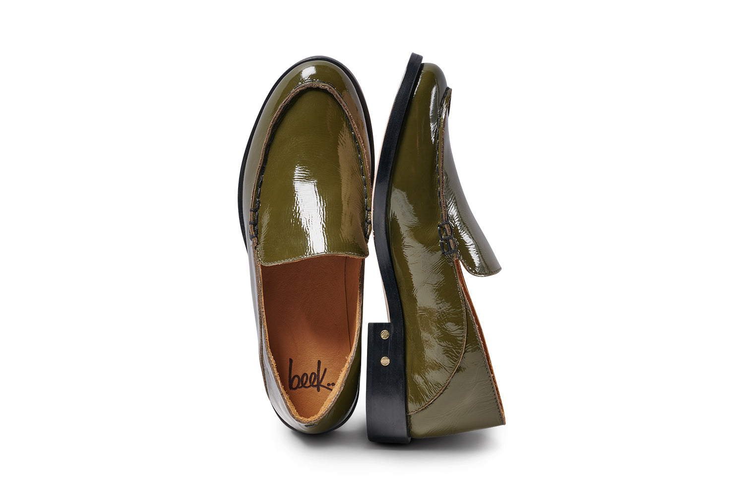Pepper patent leather loafer in olive - product detail shot