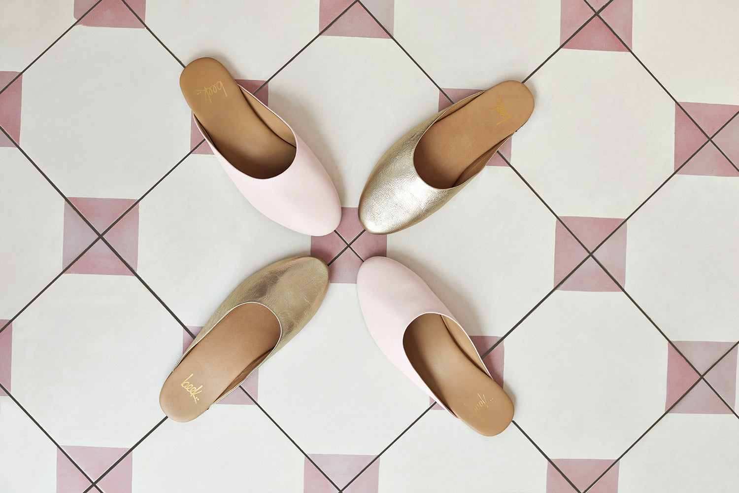 Group shot of Phoebe leather ballet mules in blossom and gold