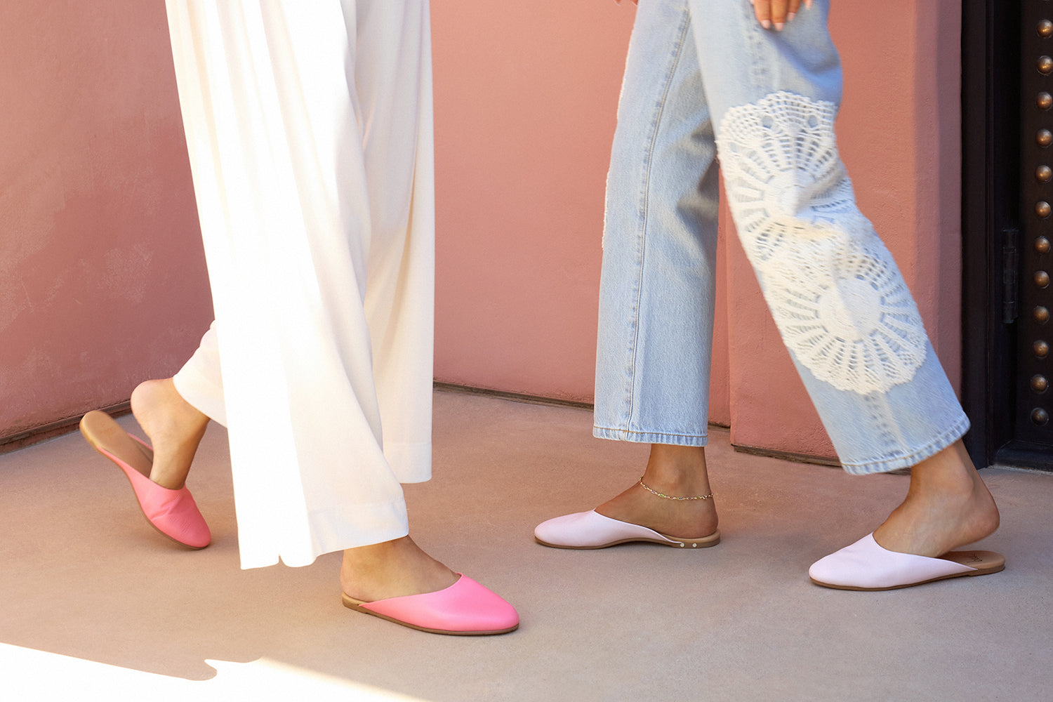 Women wearing Phoebe leather ballet mules in peony and blossom