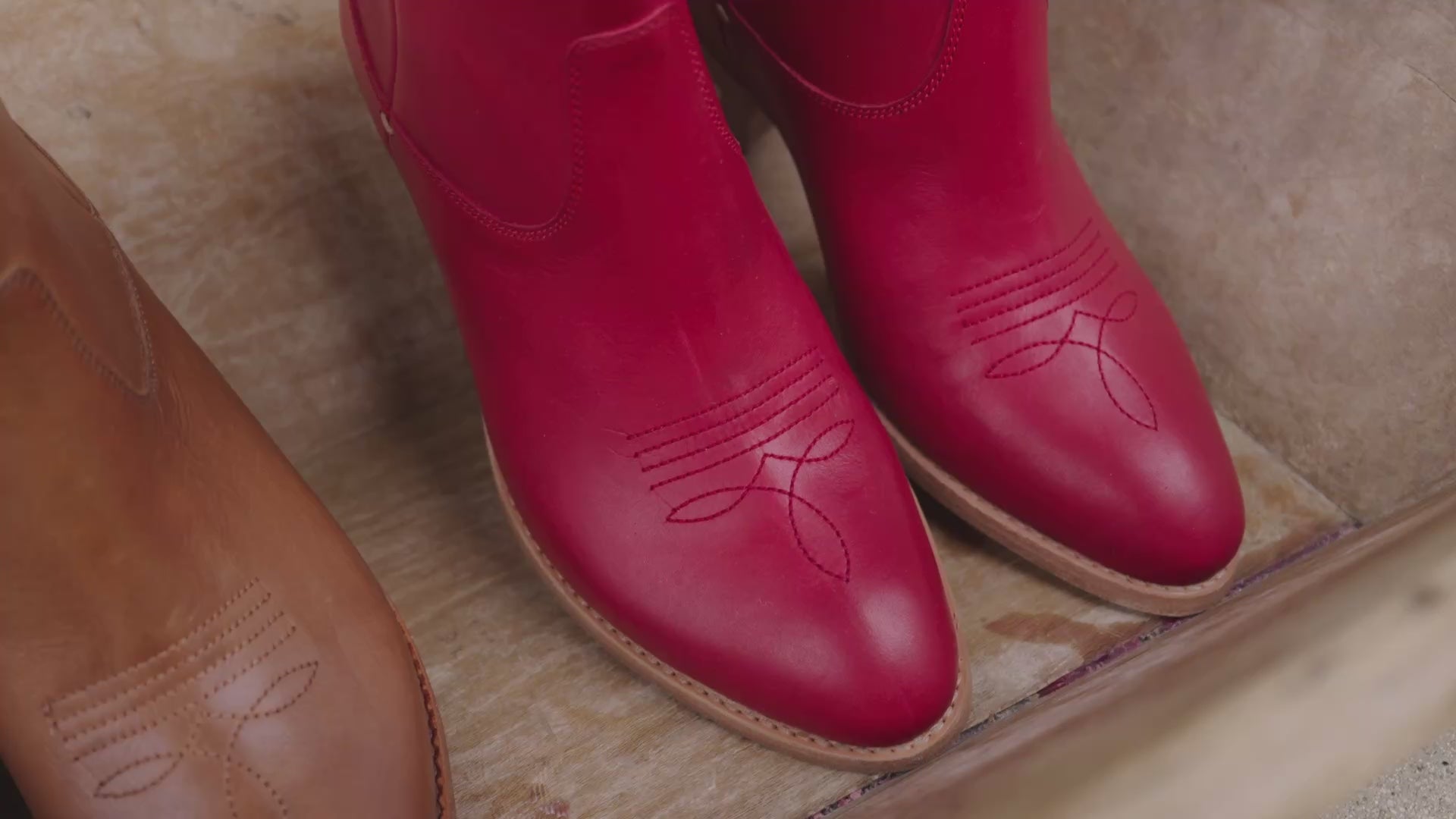 Video showing western-inspired boots including Cowbird in red, tan, and black and Condor in tan.
