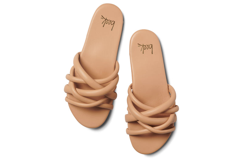 Puffback leather slide sandal in beach - top shot