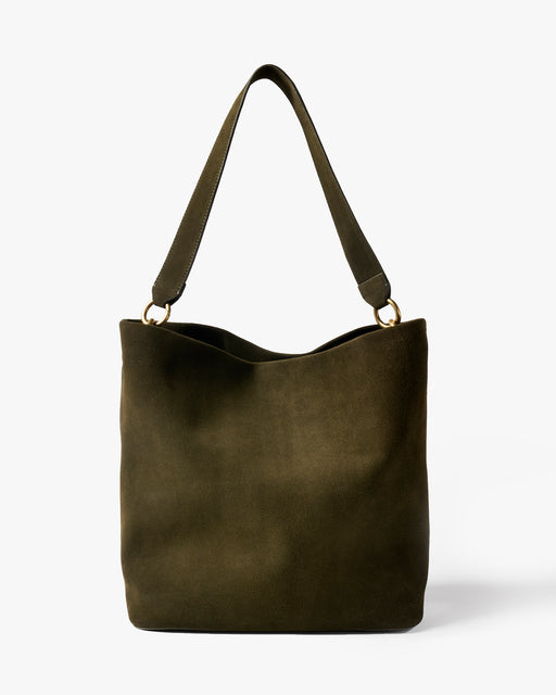 Sabine suede bucket bag in olive - product front shot