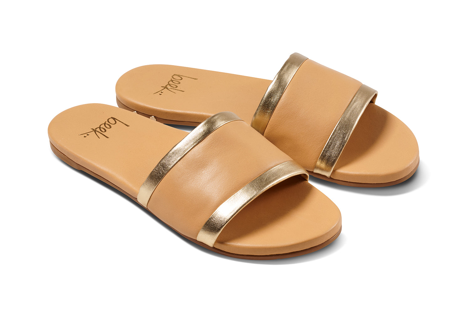 Shorebird leather slide sandals in beach/gold - product angle shot