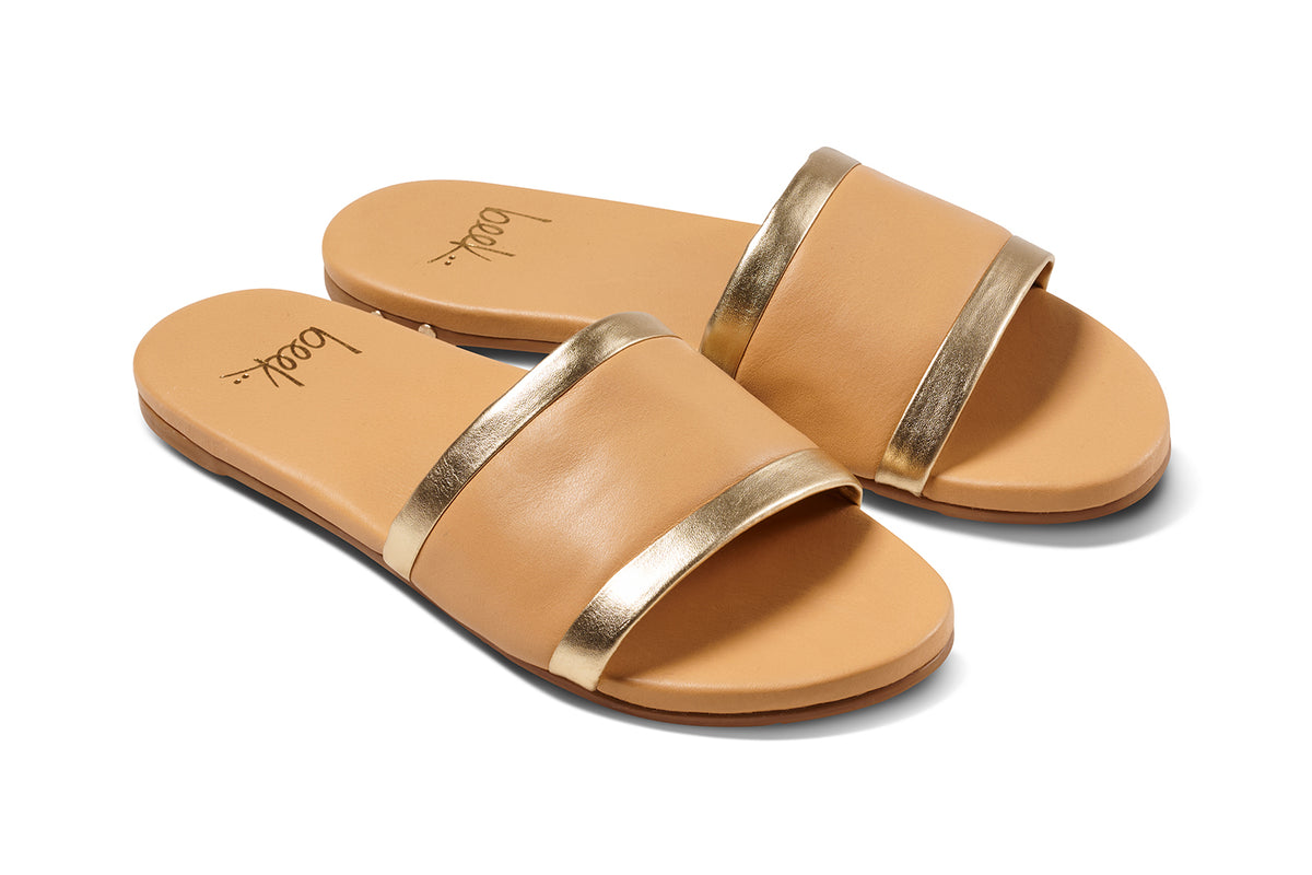 Brown Leather Slide Sandals with Gold Accents Paloma Leather Slide Sandal - Gold/Honey | beek main image 3
