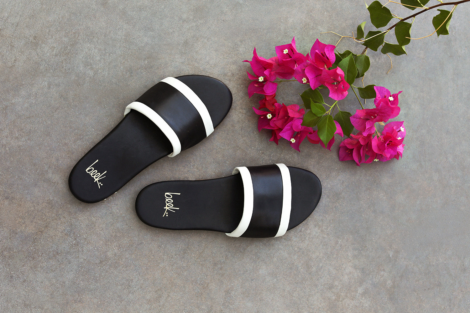 Shorebird leather slide sandal in black/vanilla