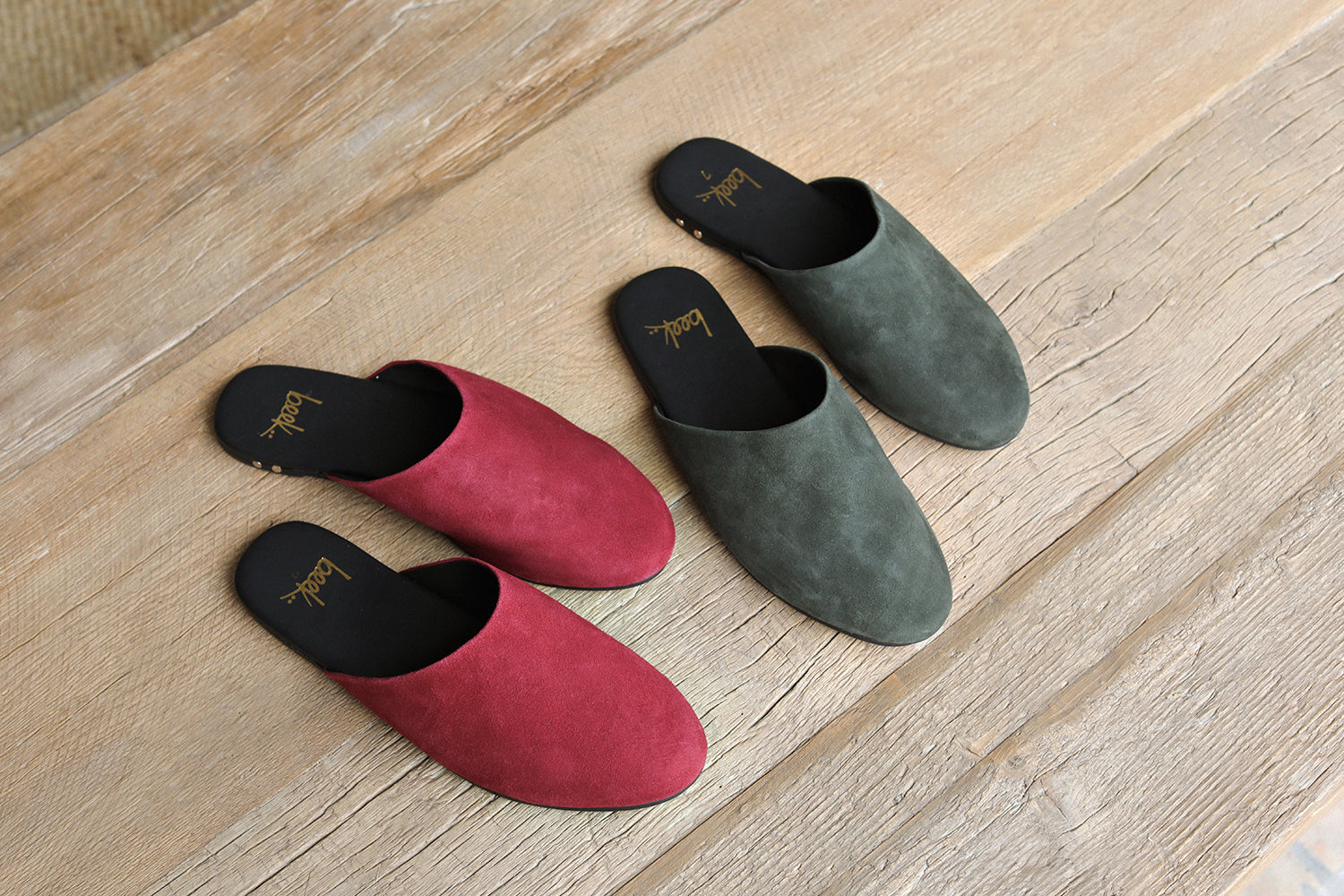 Group shot of Siskin suede mules in port and ivy.