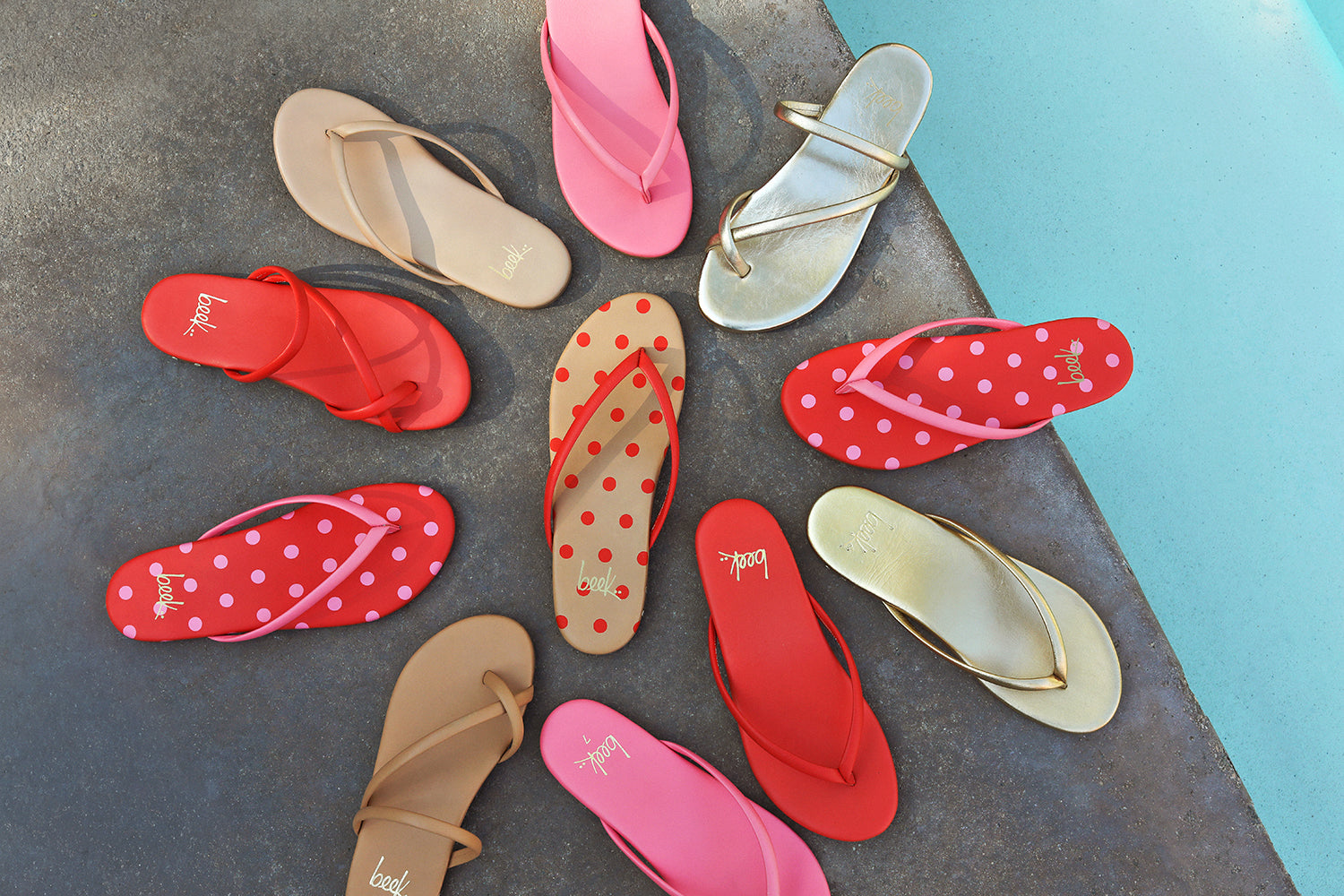 Group shot of Sunbeam leather flip flop sandal in beach, peony, tomato/beach, peony/tomato and Sunbird leather sandals in tomato, gold, beach