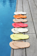 Sunbeam leather flip flop sandal in beach, citrus, platinum, cherry, silver/beach, tangelo, and vanilla poolside